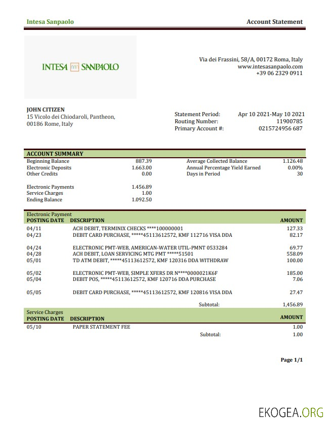 Relevé bancaire Italie Intesa Sanpaolo